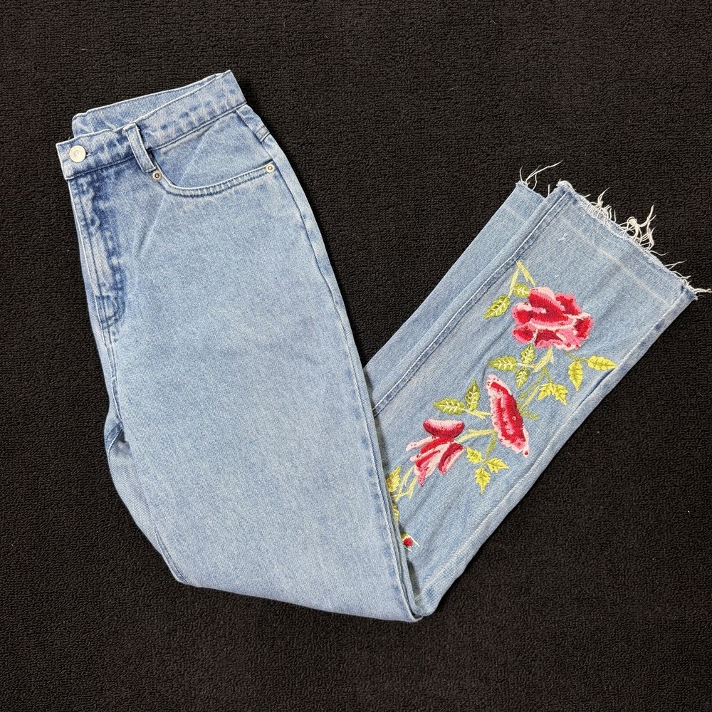 Jeanology 90s High Rise Floral Embroidered Mom Jeans Newport News Vintage 10 Y2K